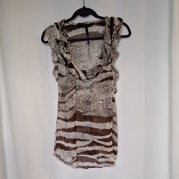 BCBG MAXAZARIA Brown and White 100% Silk Sheer Women's Top Size L - Picture 1 of 9